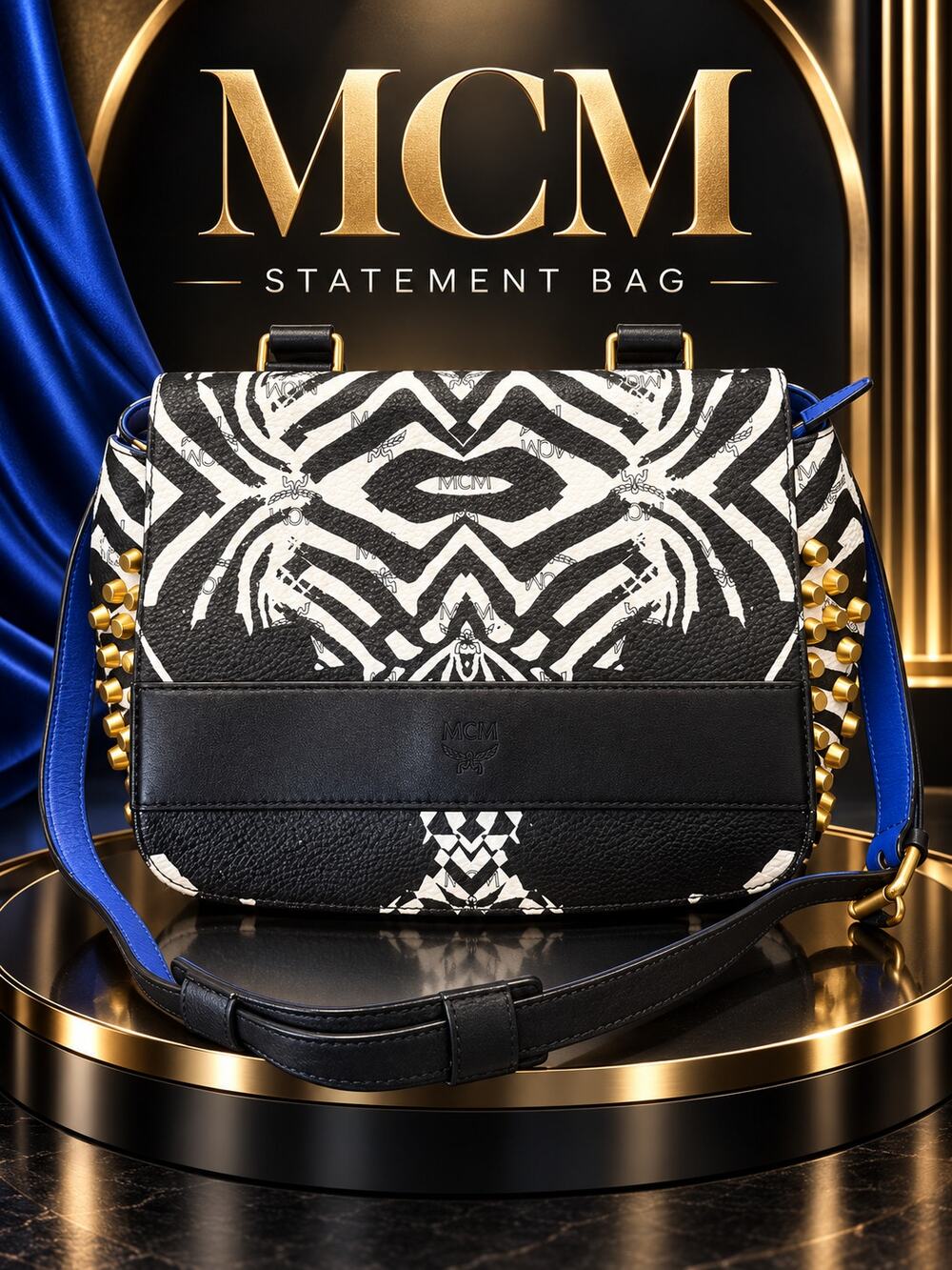CW003 MCM Striped Visetos Funky Zebra Stud Keana Boston Bag